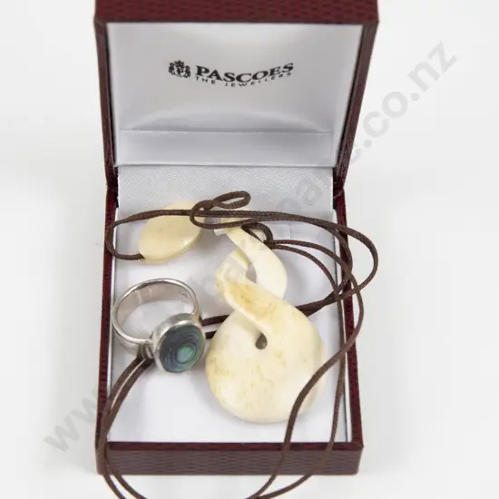 .925 Silver and Paua Ring with Carved Bone Pendant