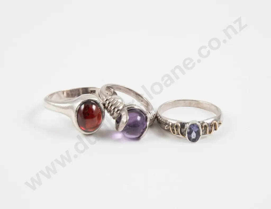 Three Silver and Single Gem Stone Rings Image 1++
