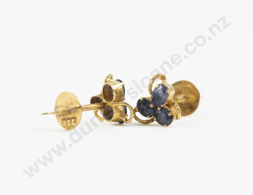 Pair 22ct Three Stone Sapphire Stud Earrings Image 1++