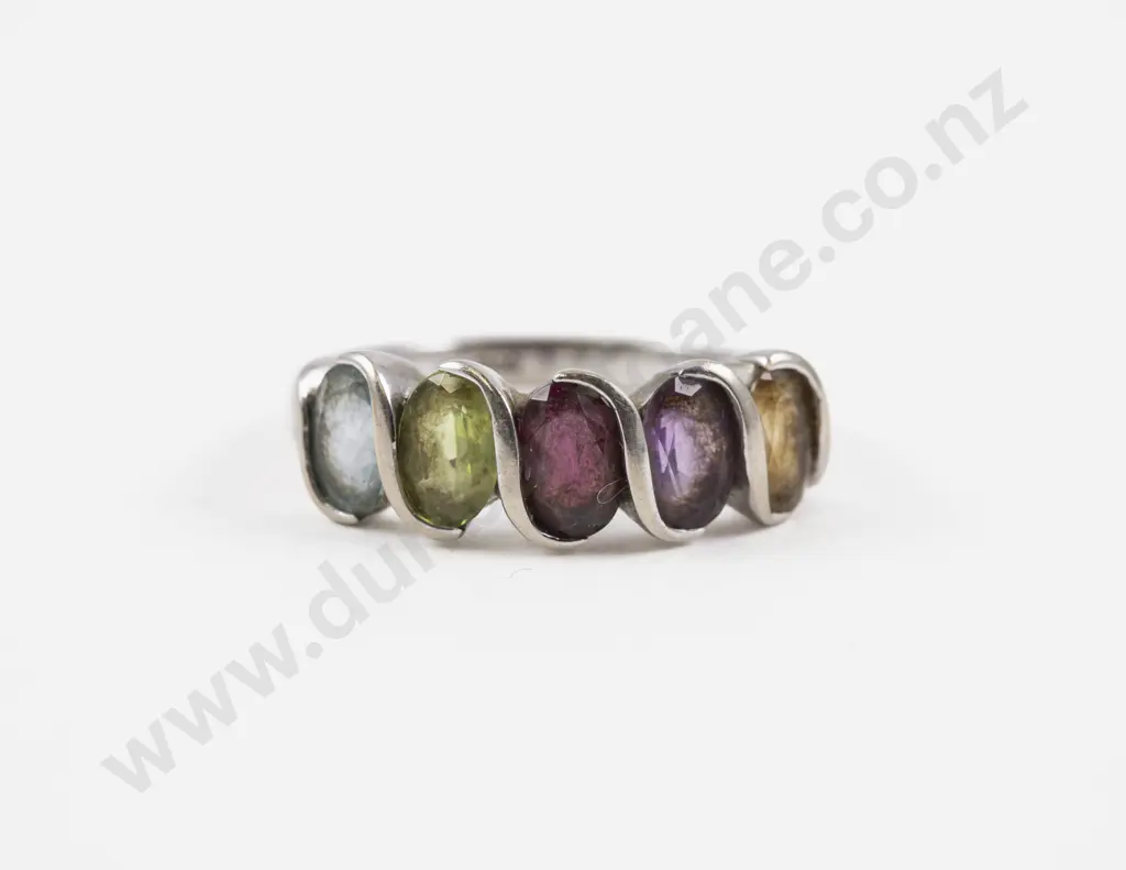 9ct White Gold Five Stone Multi Gemstone Ring Image 1++