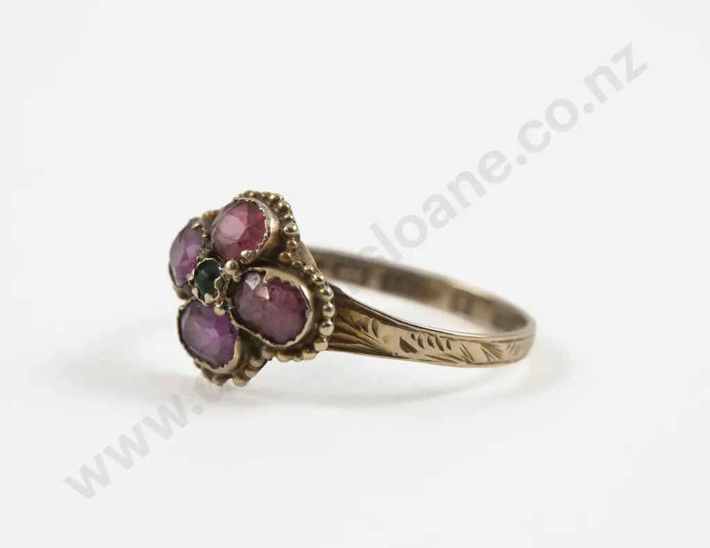Victorian 9ct Five Stone Amethyst and Emerald Floret Cluster Ring Image 1++