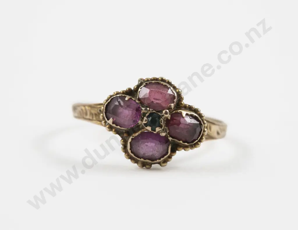 Victorian 9ct Five Stone Amethyst and Emerald Floret Cluster Ring Image 1++