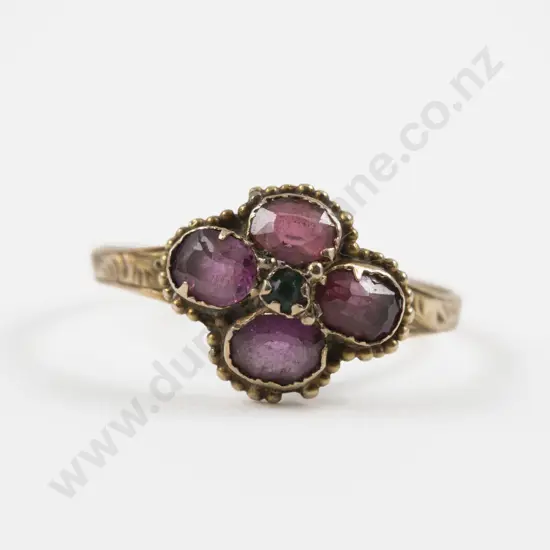Victorian 9ct Five Stone Amethyst and Emerald Floret Cluster Ring