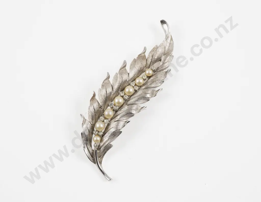 Vintage Trifari Silver Plated Faux Pearls and Rhinestone Feather Brooch Image 1++
