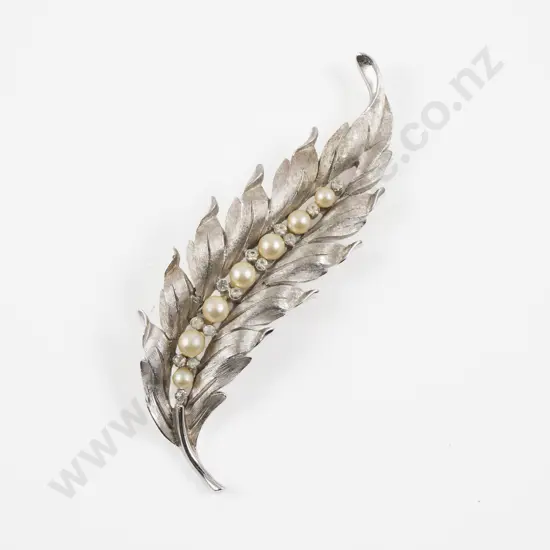 Vintage Trifari Silver Plated Faux Pearls and Rhinestone Feather Brooch