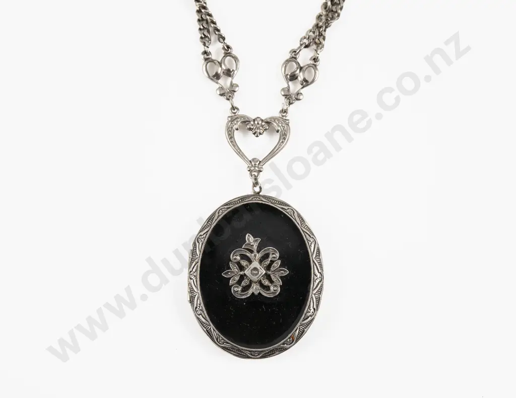 Vintage Silver Plated Onyx and Marcasite Locket Pendant on Fancy Link Neck Chain Image 1++