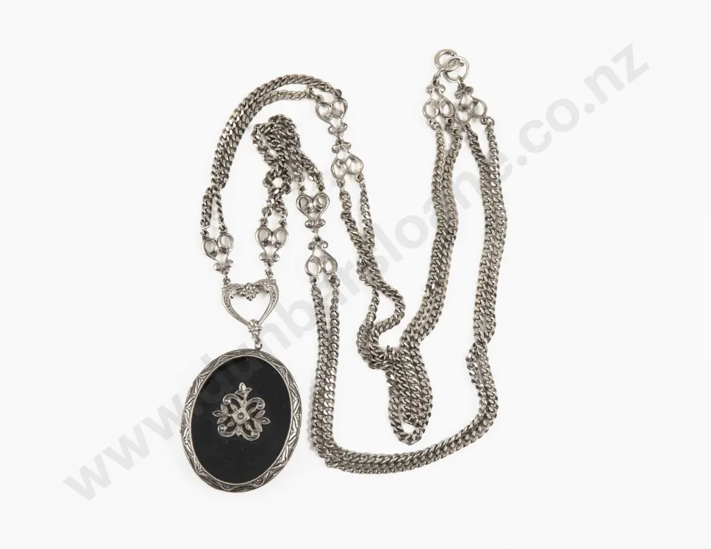 Vintage Silver Plated Onyx and Marcasite Locket Pendant on Fancy Link Neck Chain Image 1++