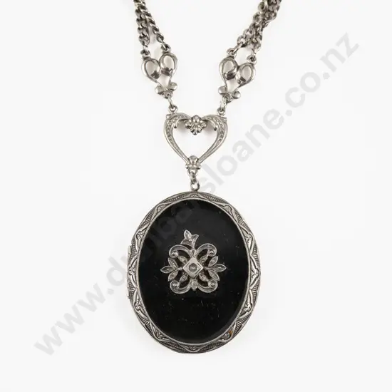Vintage Silver Plated Onyx and Marcasite Locket Pendant on Fancy Link Neck Chain