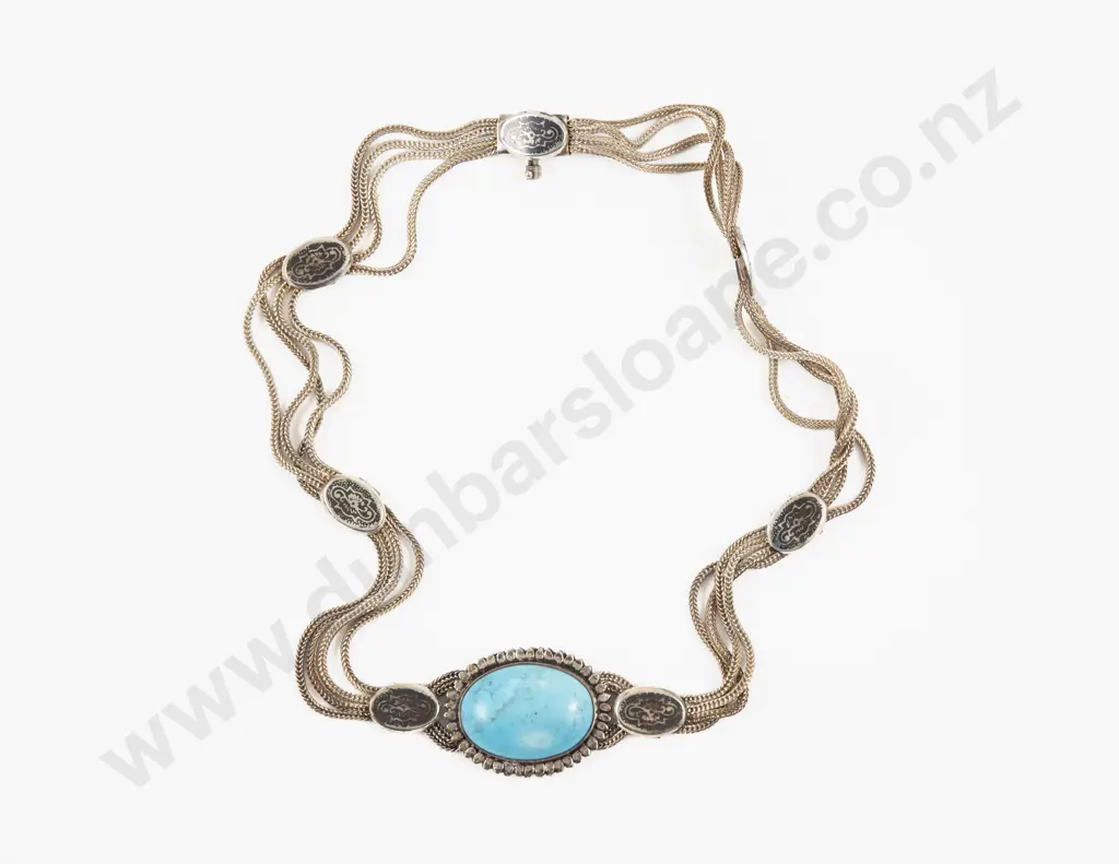 Vintage S/S Single Stone Turquoise Pendant on Multi Strand Fancy Link Necklace Image 1++