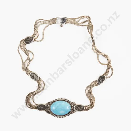 Vintage S/S Single Stone Turquoise Pendant on Multi Strand Fancy Link Necklace
