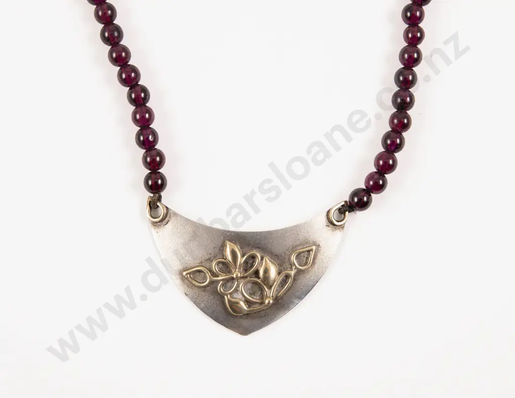 9ct and S/S Floral Pendant on Single Strand Garnet Bead Neck Chain Image 1++