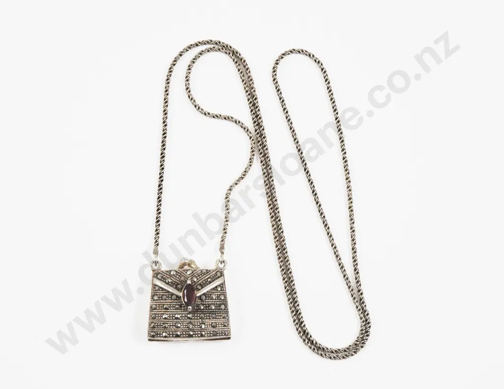 S/S and Marcasite Purse Locket Pendant on Neck Chain Image 1++