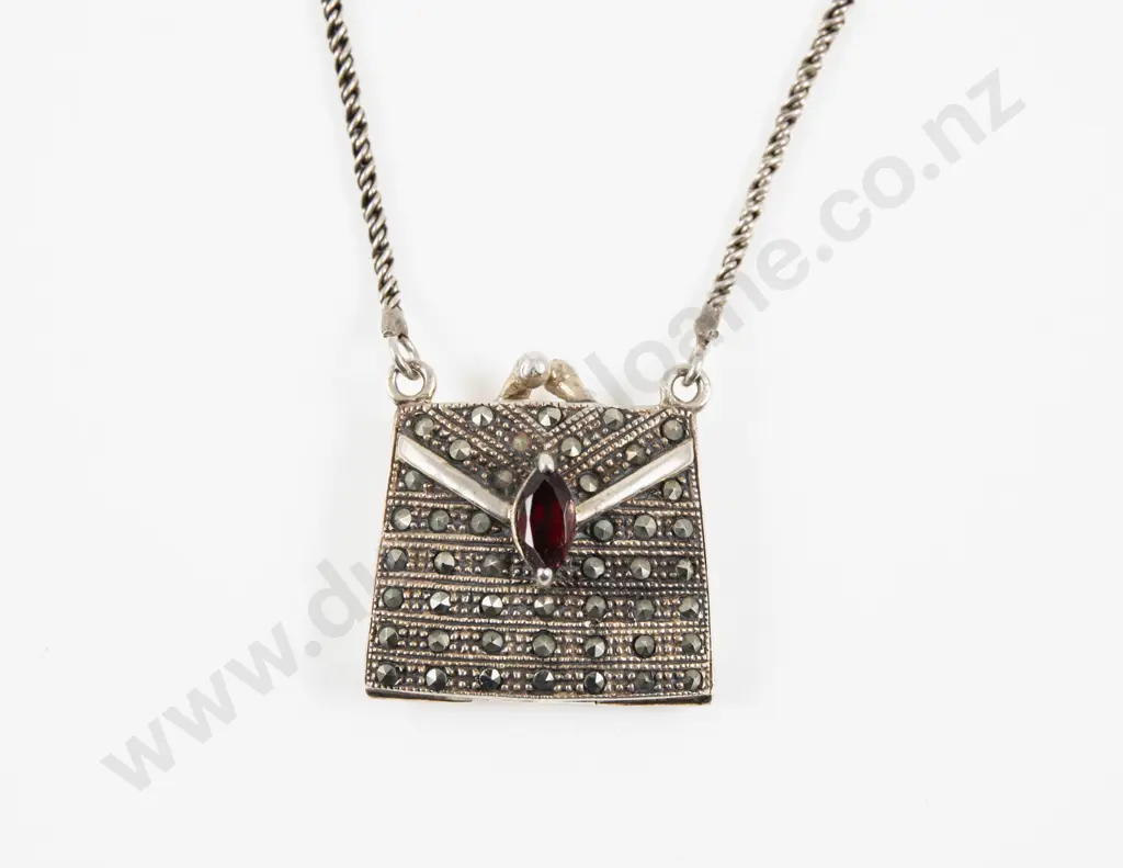 S/S and Marcasite Purse Locket Pendant on Neck Chain Image 1++