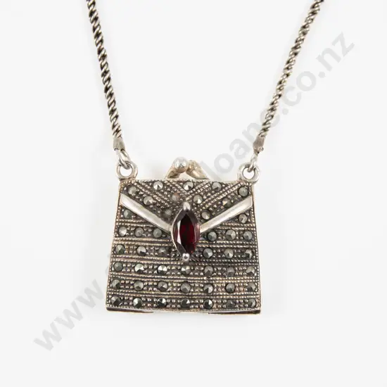 S/S and Marcasite Purse Locket Pendant on Neck Chain