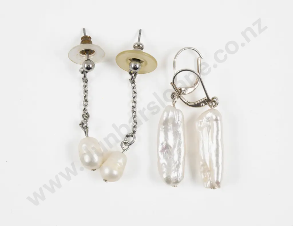 Pair S/S Single Baroque Fresh Water Pearl Pendant Drop Earrings with Other Image 1++