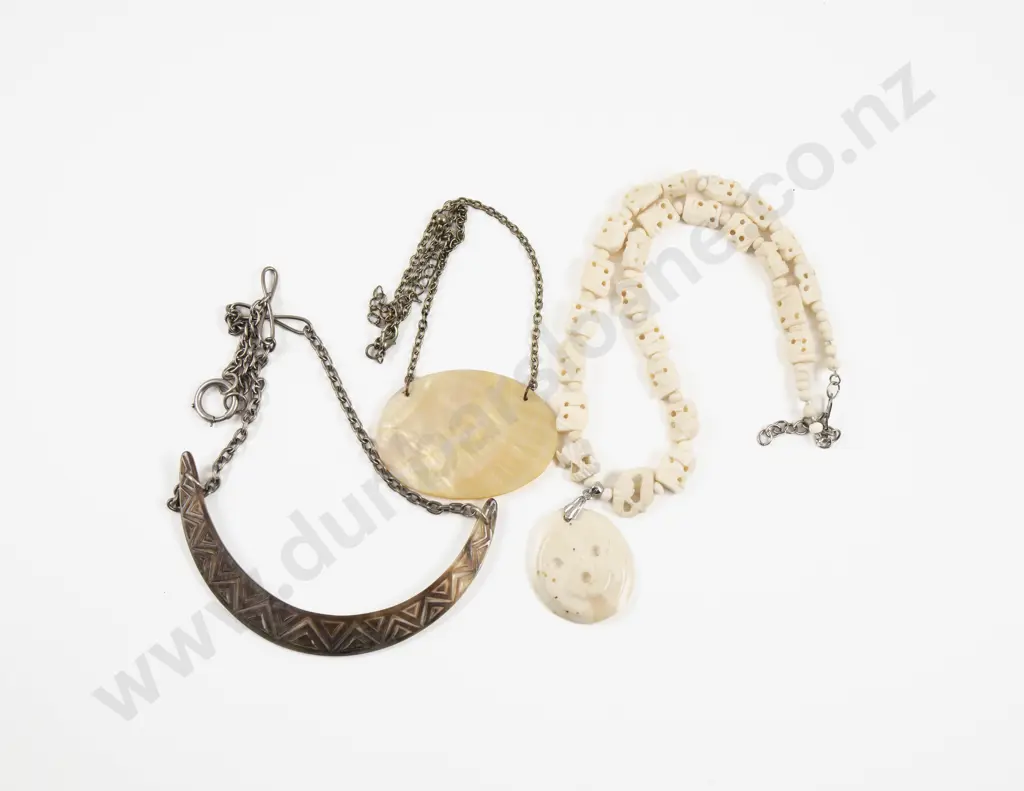Single Strand Carved Bone Pendant Necklace with Two Paua Pendants Image 1++