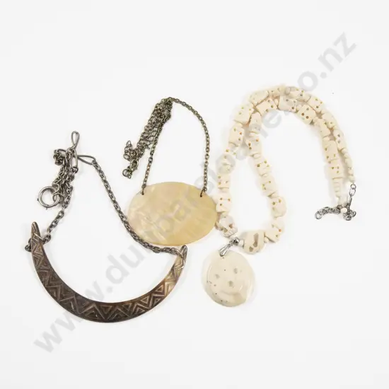 Single Strand Carved Bone Pendant Necklace with Two Paua Pendants