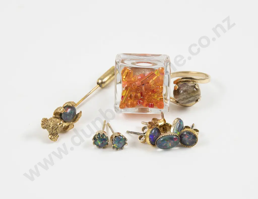 Pair 9ct Opal Doublet Stud Earrings with two Pair Stud Earrings Koala Bear Stick Pin and Two Dress Rings Image 1++