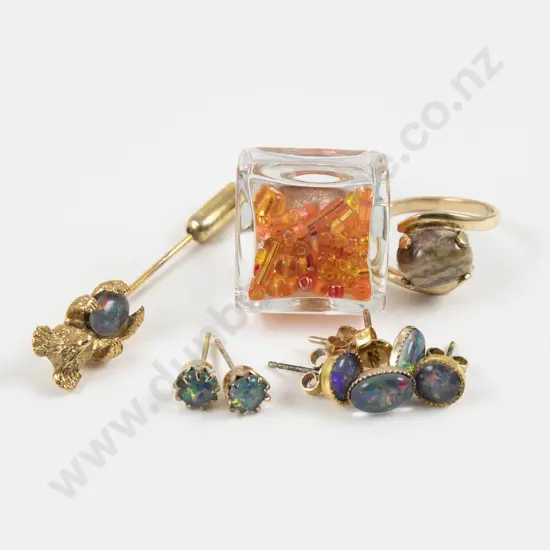 Pair 9ct Opal Doublet Stud Earrings with two Pair Stud Earrings Koala Bear Stick Pin and Two Dress Rings