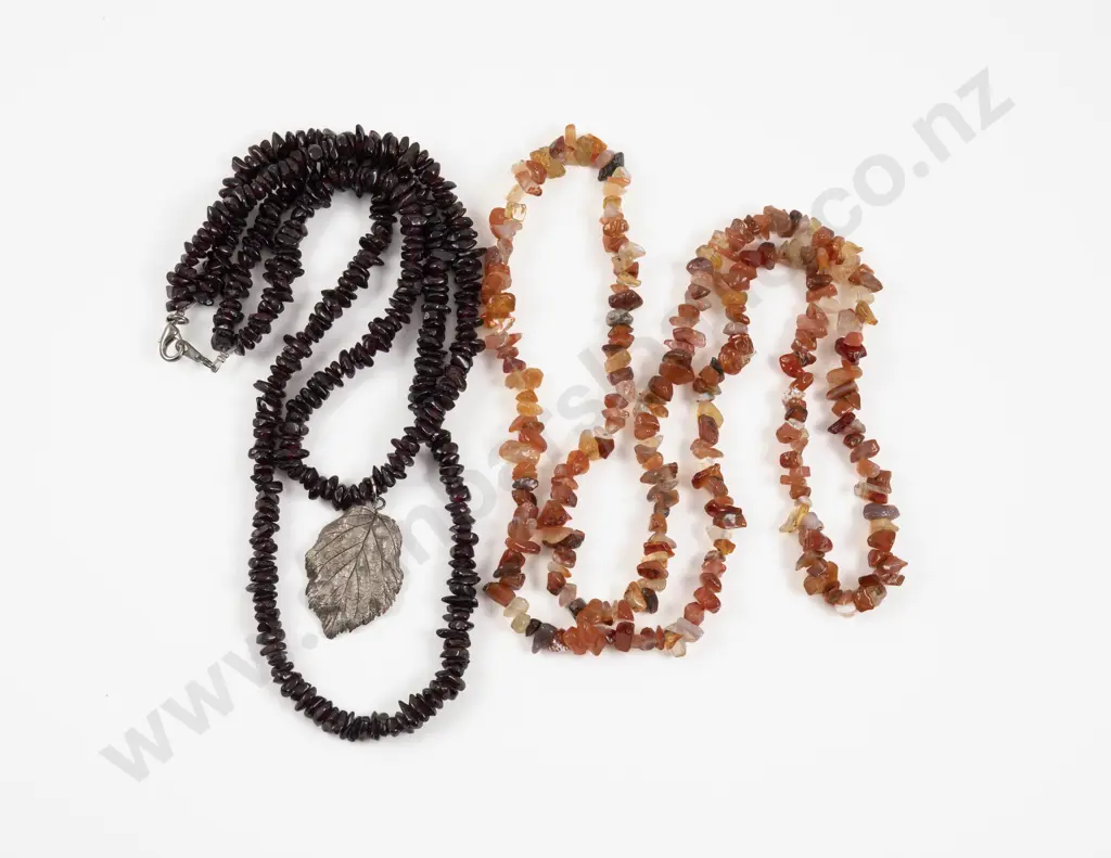Double Strand Garnet Bead Necklace with Silver Plated Leaf Pendant Image 1++