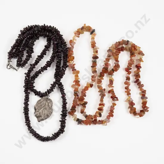 Double Strand Garnet Bead Necklace with Silver Plated Leaf Pendant