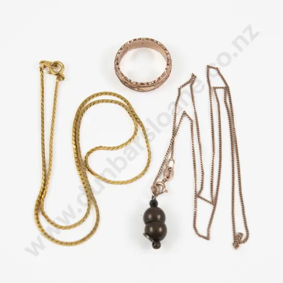 18ct Gold Plated Engraved Band Ring with Two Silver Gilt Neck Chains