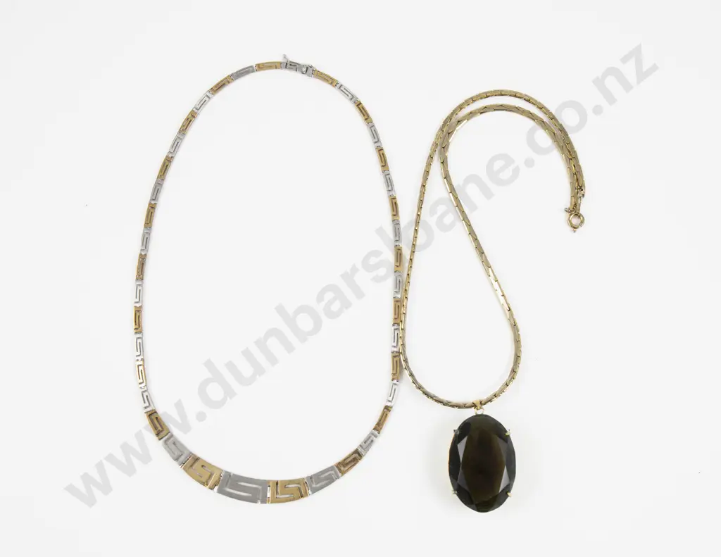 .925 Silver Gilt Fancy Link Necklace with Gold Plated Smoky Quartz Glass Pendant Image 1++