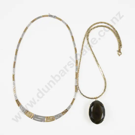 .925 Silver Gilt Fancy Link Necklace with Gold Plated Smoky Quartz Glass Pendant
