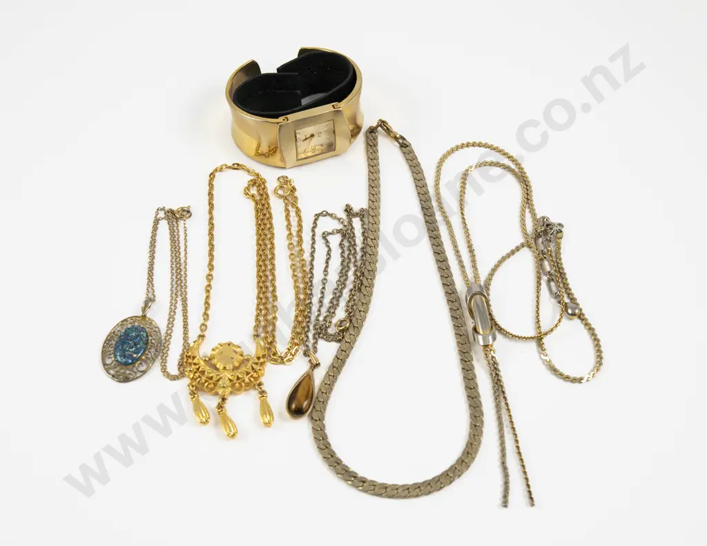 Collection of Gold Plated Necklaces and Cuff Bangle Wrist Watch Image 1++