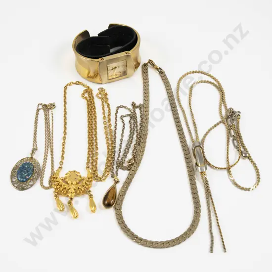 Collection of Gold Plated Necklaces and Cuff Bangle Wrist Watch