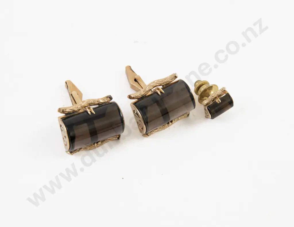 Pair 14ct Single Stone Smoky Quartz Cufflinks and Tie Tack Image 1++