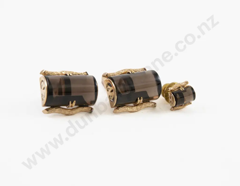 Pair 14ct Single Stone Smoky Quartz Cufflinks and Tie Tack Image 1++