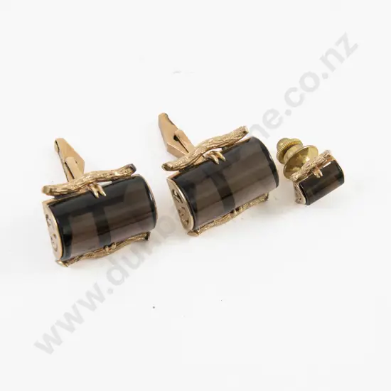 Pair 14ct Single Stone Smoky Quartz Cufflinks and Tie Tack