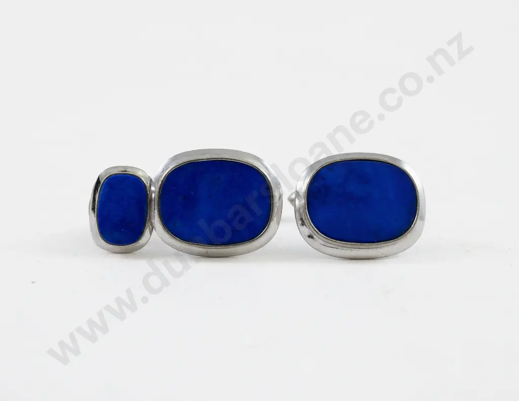 Pair 14ct White Gold Single Stone Lapis Cufflinks and Tie Tack Image 1++