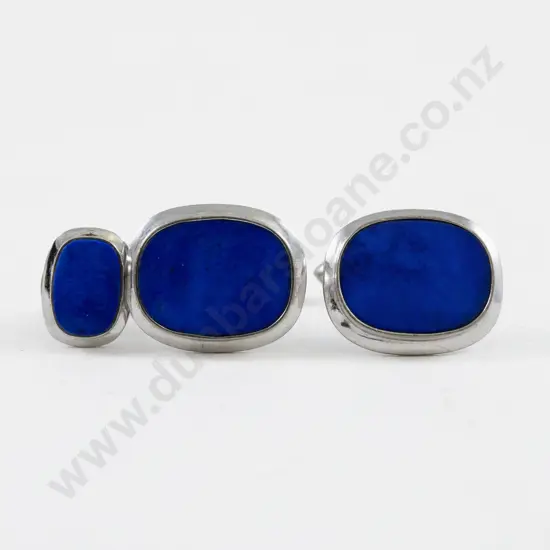 Pair 14ct White Gold Single Stone Lapis Cufflinks and Tie Tack