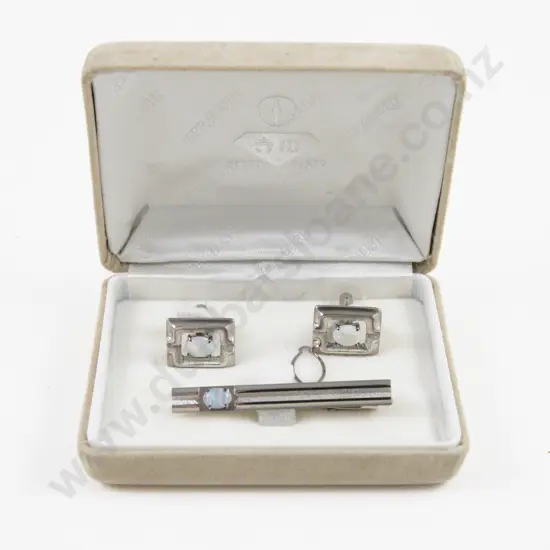 Vintage Terauchi (Japan) Silver Plated Single Opal Cufflinks and Tie Clip