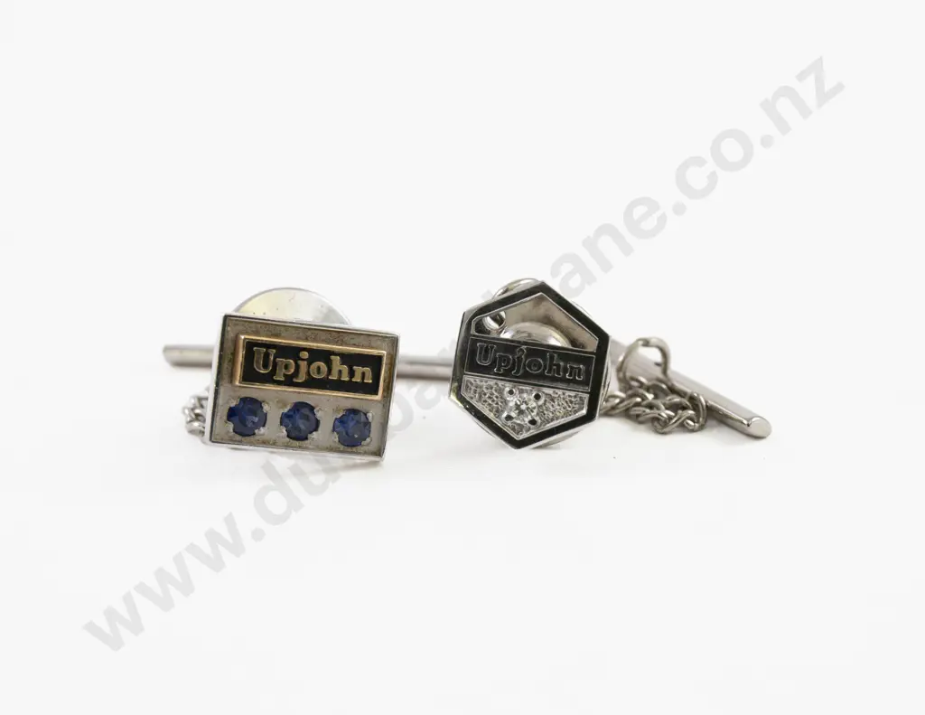 Two Upjohn 14ct White Gold Three Stone Sapphire and Single Diamond Tie Tacks Image 1++