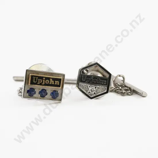Two Upjohn 14ct White Gold Three Stone Sapphire and Single Diamond Tie Tacks