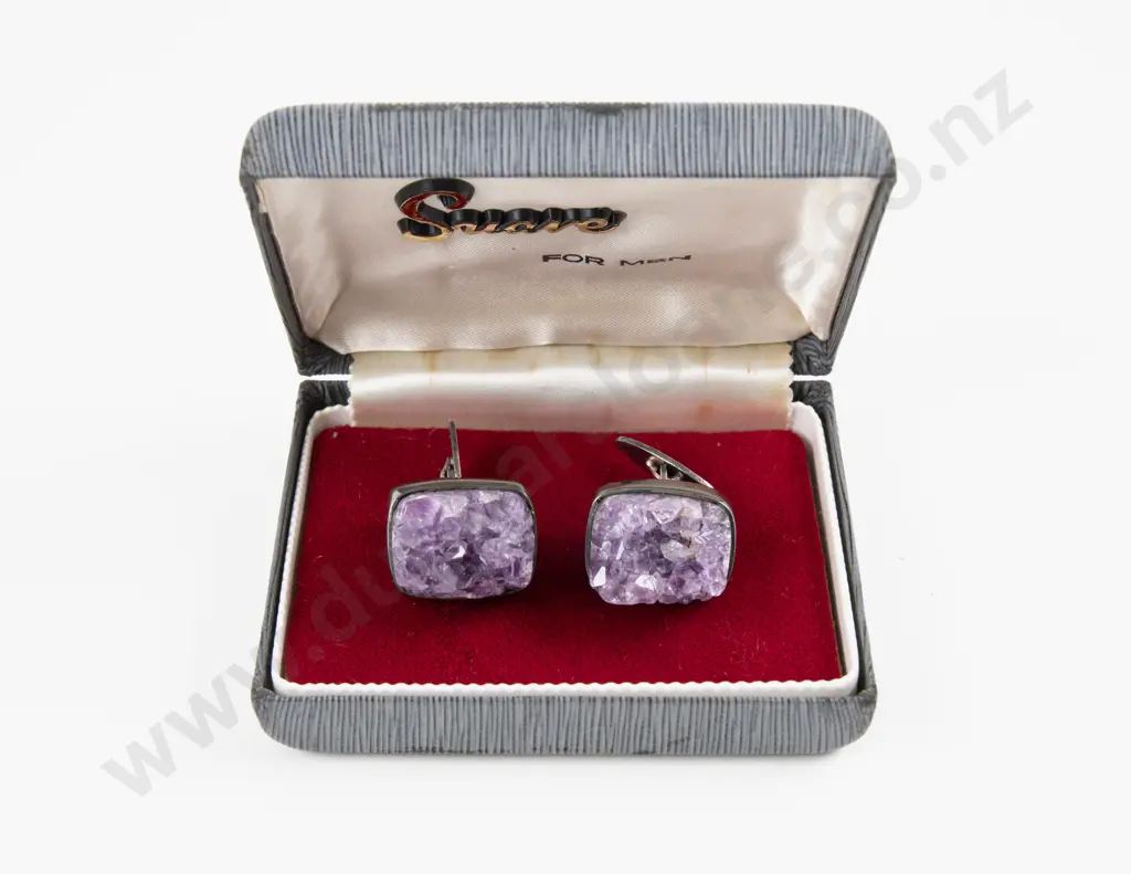 Pair Gents .925 Silver and Amethyst Geode Cuff Links Image 1++