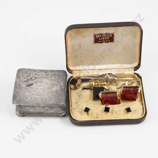 Gents 9ct Gold Lined and Onyx Cuff Links and Studs with Other Pair Tie Clip and Studs Box