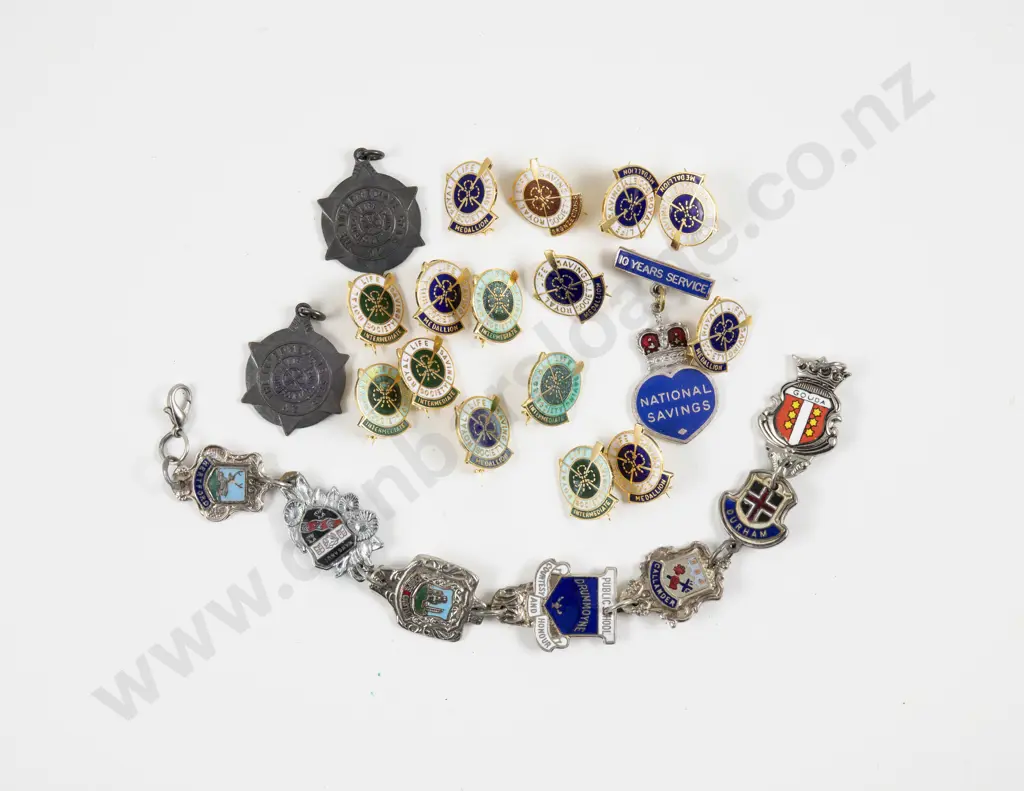 Chrome Plate and Enamel Shield Crest Bracelet with Life Saving Pins and Assorted Image 1++