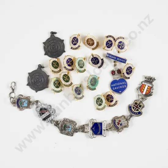 Chrome Plate and Enamel Shield Crest Bracelet with Life Saving Pins and Assorted