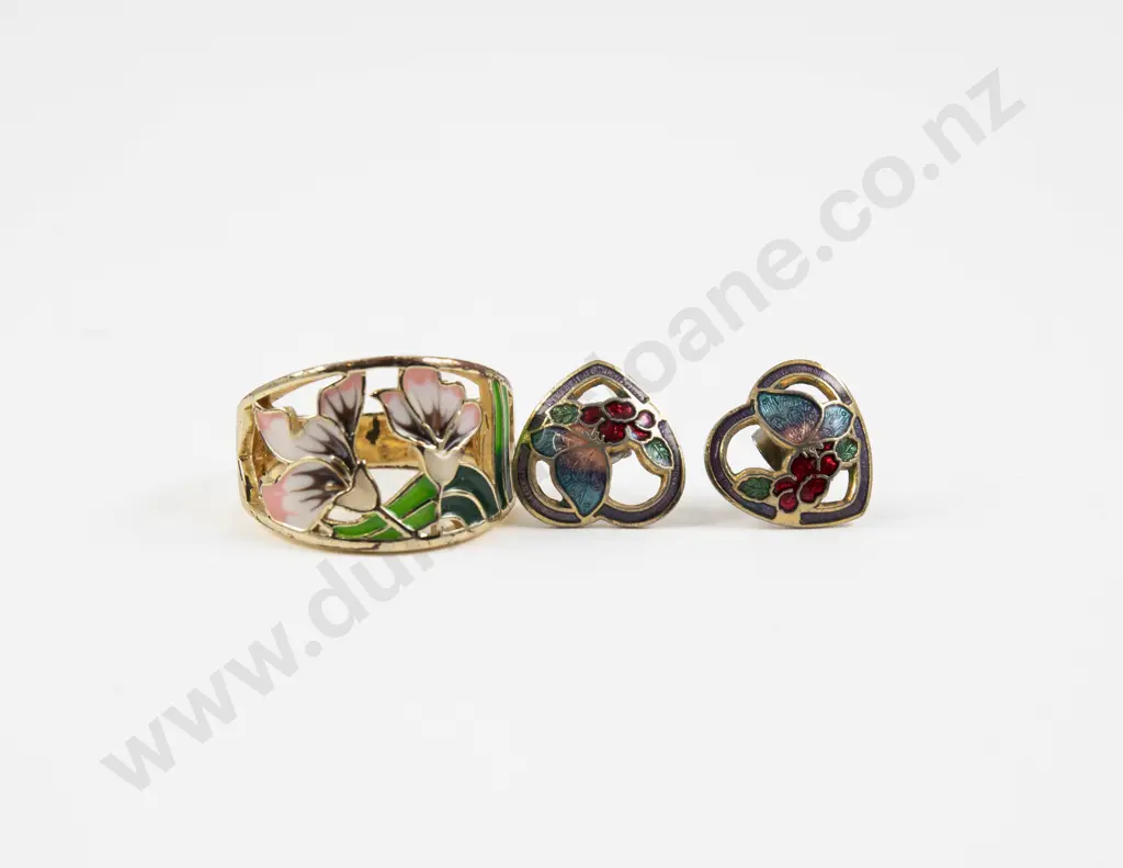 Pair Gold Plated and Enamel Heart Shaped Earrings with Ring Image 1++