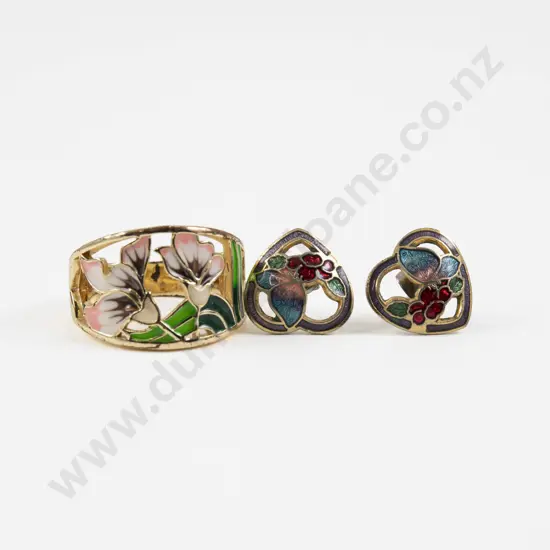 Pair Gold Plated and Enamel Heart Shaped Earrings with Ring