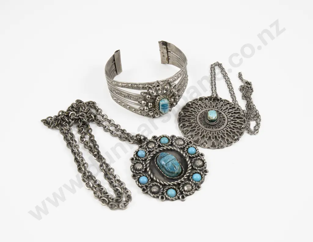Egyptian Style Two Scarab Beetle and Turquoise Pendants with Cuff Bangle Image 1++