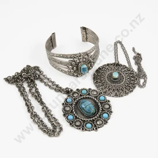 Egyptian Style Two Scarab Beetle and Turquoise Pendants with Cuff Bangle