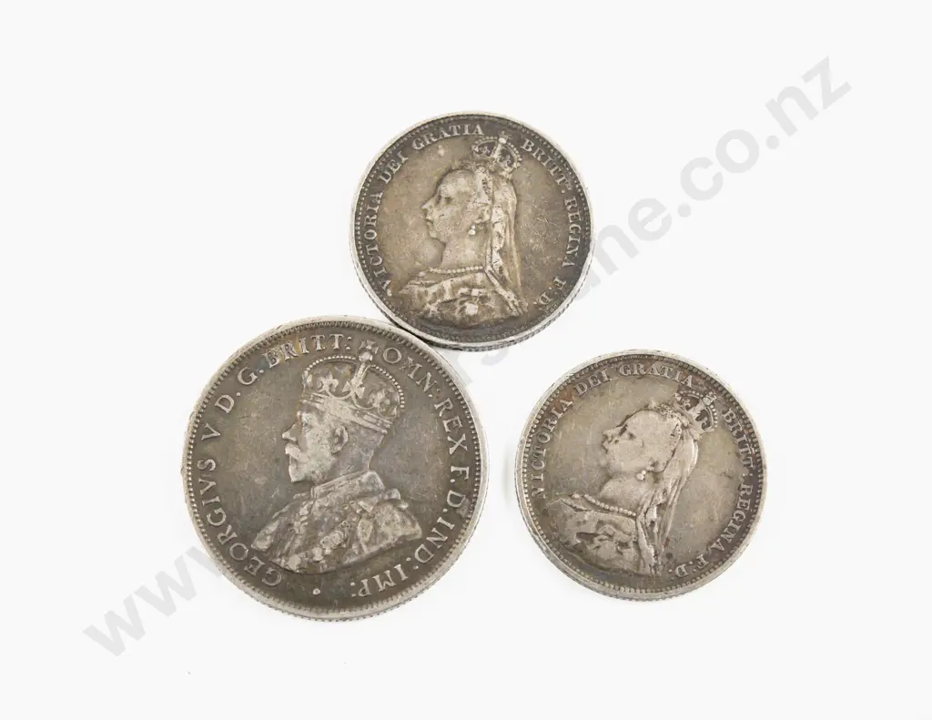 UK 1887 Silver Shilling x2 and Australian 1921 Silver Florin Image 1++