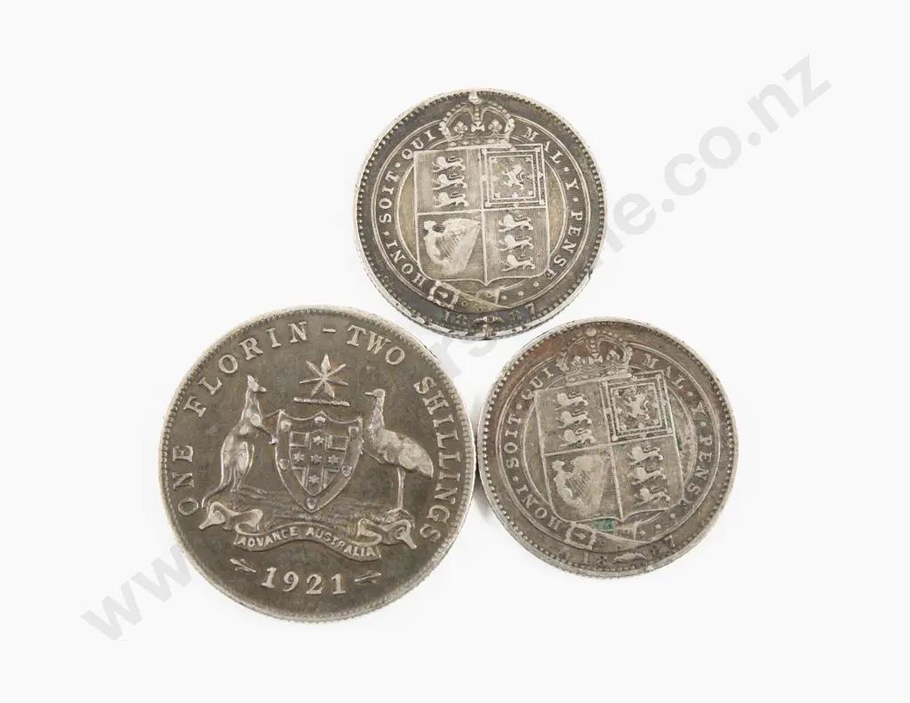 UK 1887 Silver Shilling x2 and Australian 1921 Silver Florin Image 1++