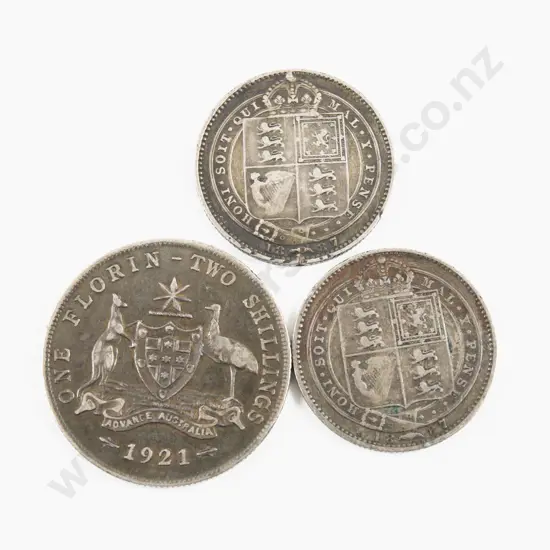 UK 1887 Silver Shilling x2 and Australian 1921 Silver Florin