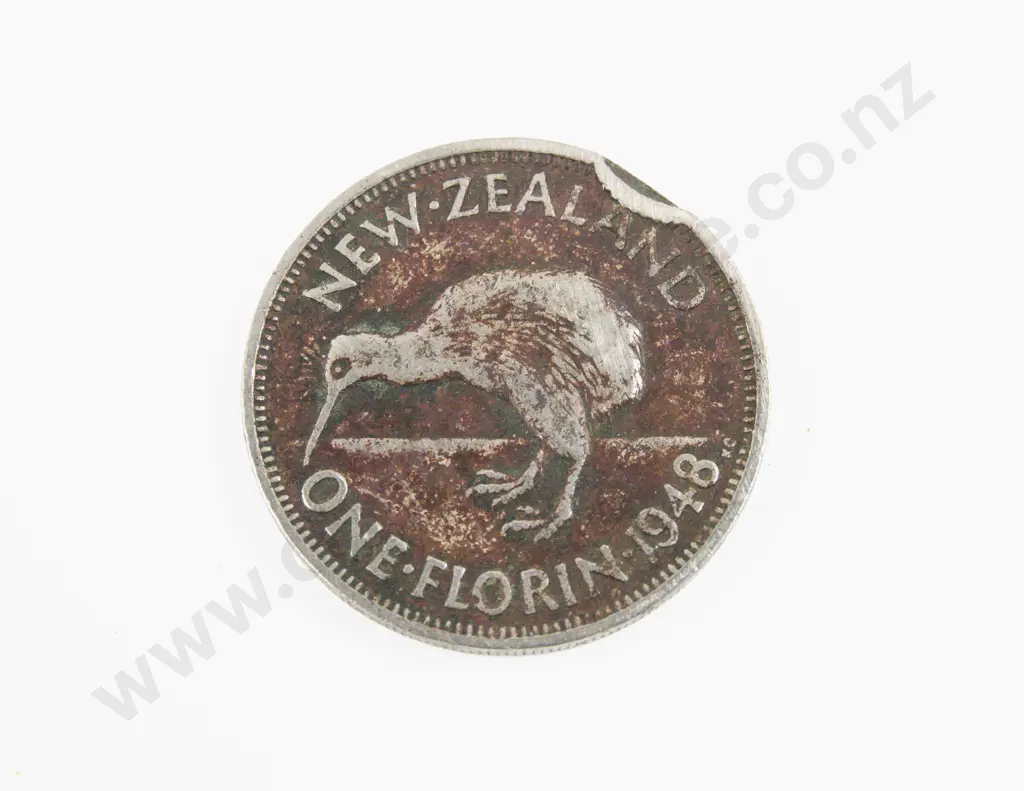 NZ 1948 Florin (flaw?) Image 1++